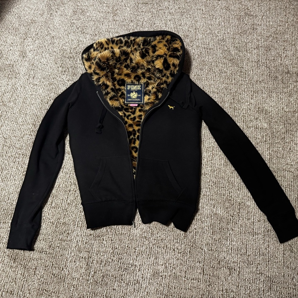 PINK Victoria's Secret Black Teddy Zip-up Sweatshirt with Leopard Lining